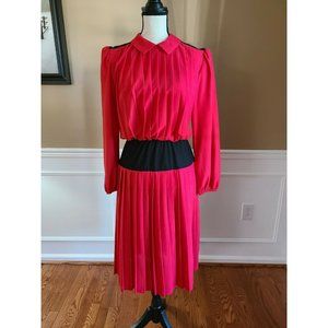 Vtg 80s Cathy Sue Dress Size 10 Red Black Secretary Pleated Polyester Rockabilly